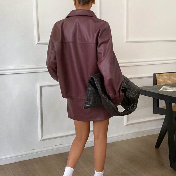 Burgundy Casual Women's Pu Jacket Coat & Mini Skirt coord set - Picture 3 of 6